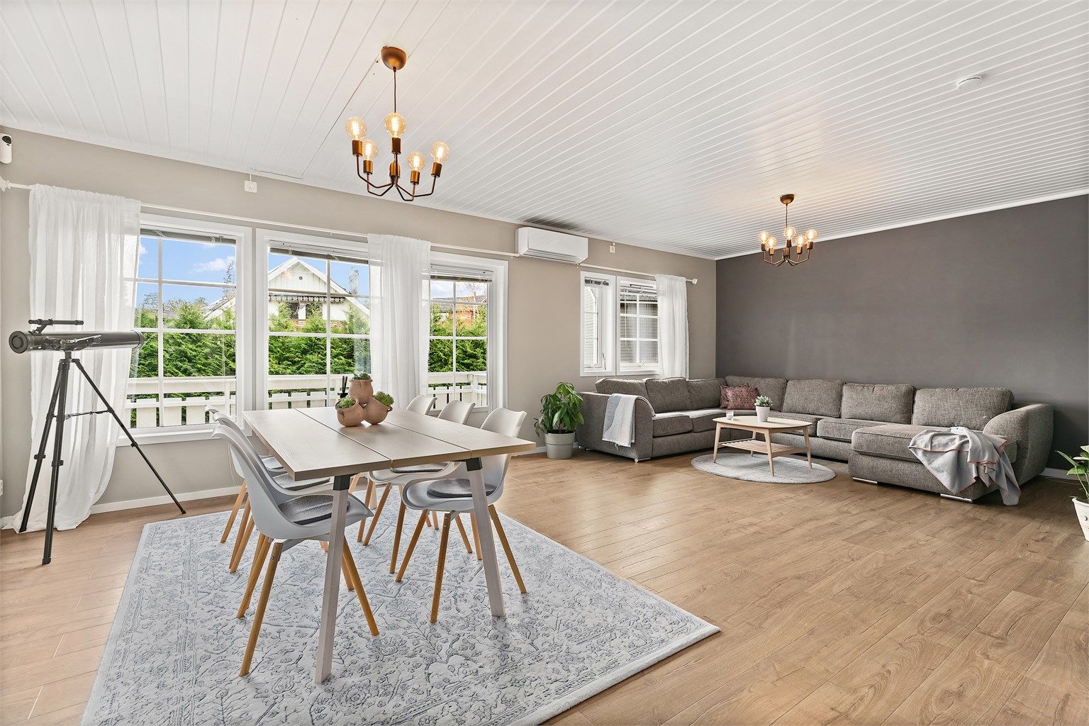 Stor stue og spisestue hvor man har plass til mange gjester.