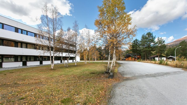 Rolige omgivelser med store grøntarealer like utenfor bygget.