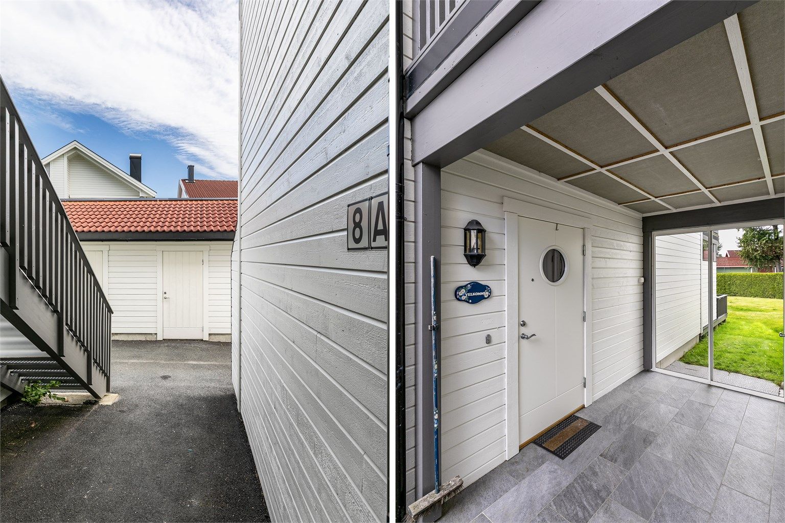 Inngangspartiet er skjermet av overbygg og glassvegg med skyvedør mot hagen.