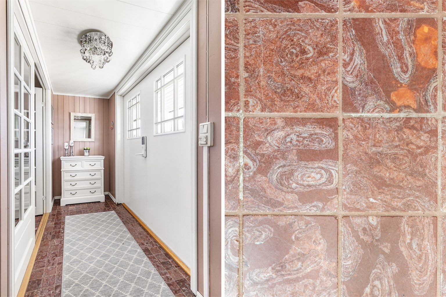 Entreen kan lukkes av mot hallen slik at kald luft utenfra ikke strømmer videre inn mens ytterdøren er åpen. Elektronisk kodelås er montert på ytterdøren.