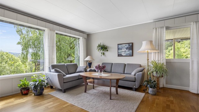De store vindusflatene gir godt med naturlig lys inn i stuen.