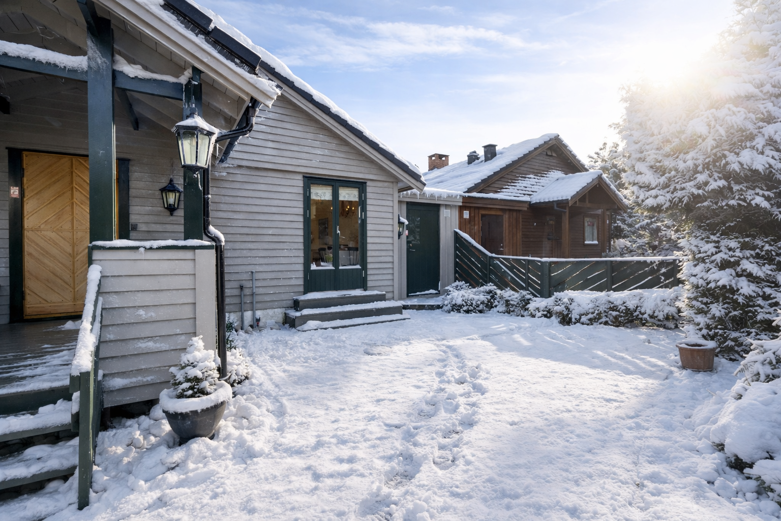 Foran huset er det en privat stenbelagt gårdsplass for ulike aktiviteter, bl.a. sittegruppe ved kjøkkenets franske dører med egen kjøkkentrapp. (Bildet er Ai generert)