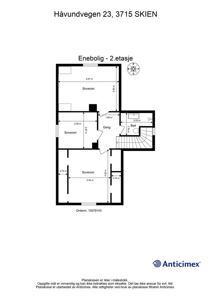 Plantegning 2. etasje. Det foreligger ikke godkjente byggetegninger på boligen. Benevnelsen av rom i er derfor basert på dagens bruk, og bruk til varig opphold er derfor ukjent. Kontakt megler for ytterligere informasjon. 