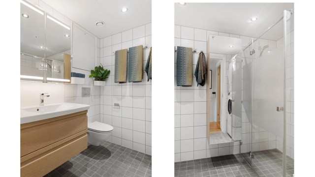 Badet er bygget som en prefabrikkert baderomskabin fra byggeår, noe som sikrer et helhetlig og trygt tettesjikt i lang tid fremover!