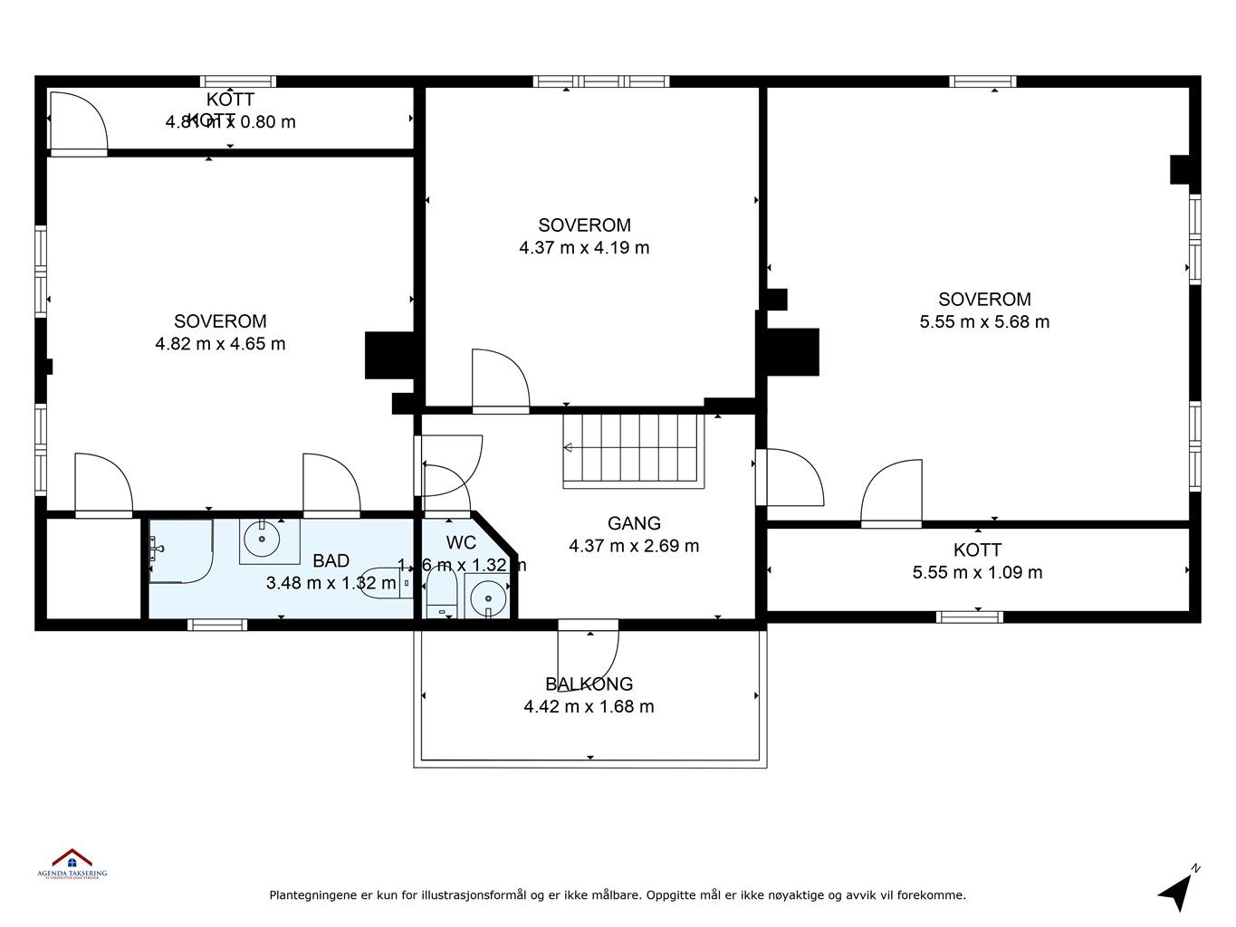 Plantegning med innhvendige mål og himmelretning.
