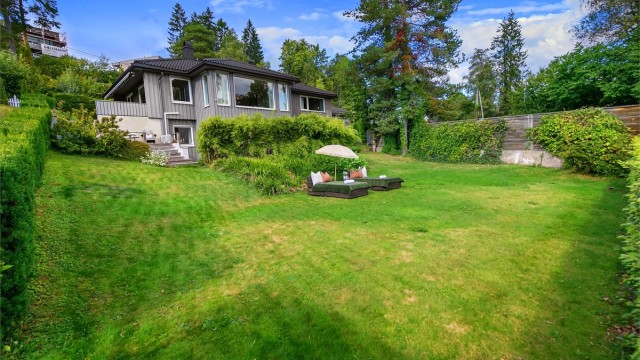 Romslig eiertomt med flat gressplen og tett hekk mot naboeiendommene.