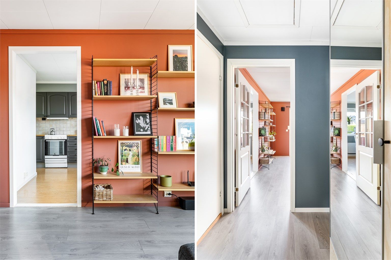 Kjøkkenet er adskilt i eget rom, vegg i vegg med stuen.