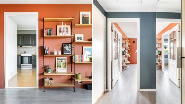 Kjøkkenet er adskilt i eget rom, vegg i vegg med stuen.