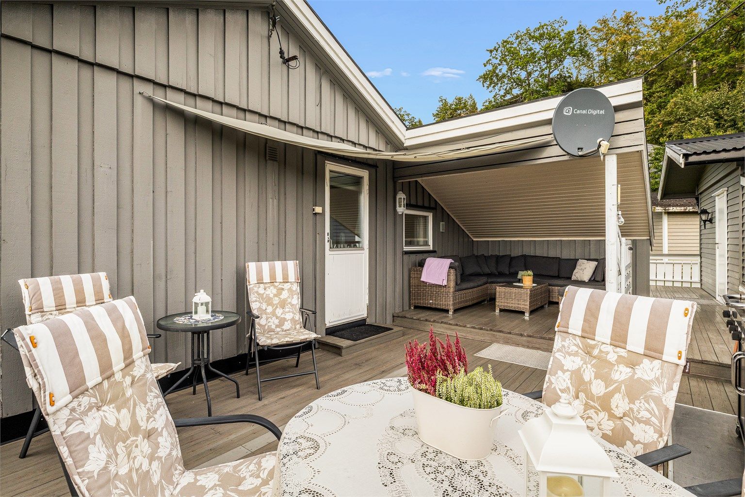 MÅLTIDENE HOLDES HELST utendørs sommerstid. Terrassen er som en ekstra stue. Deler av denne er overbygget og har seil over i adkomstsonen. Her nytes tiden ute både i fint vær og på ruskedager.