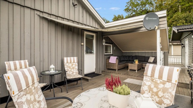 MÅLTIDENE HOLDES HELST utendørs sommerstid. Terrassen er som en ekstra stue. Deler av denne er overbygget og har seil over i adkomstsonen. Her nytes tiden ute både i fint vær og på ruskedager.