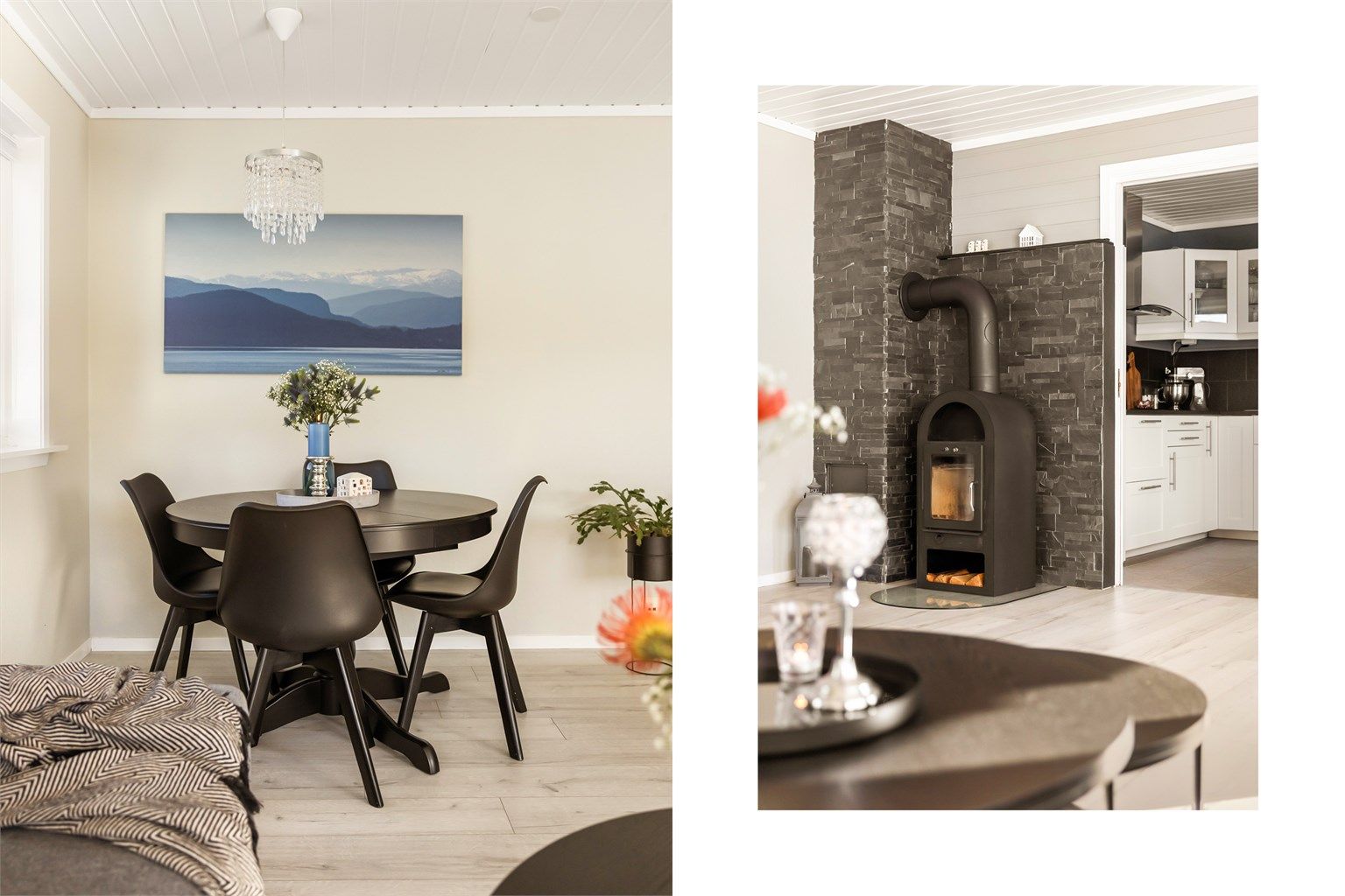 En kombinasjon av spiseplass og en hyggelig peisovn skaper en god atmosfære i stuen.