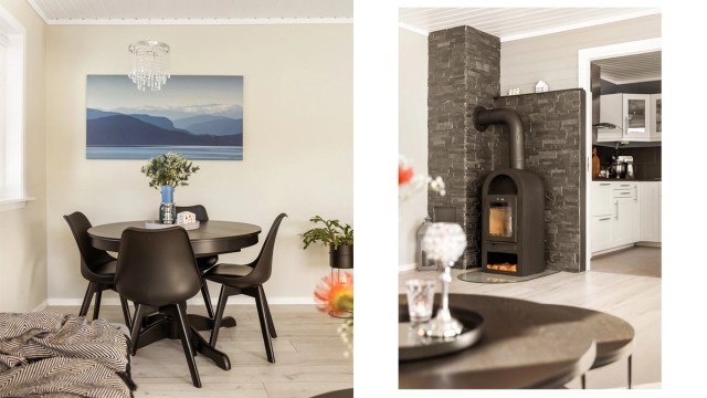 En kombinasjon av spiseplass og en hyggelig peisovn skaper en god atmosfære i stuen.