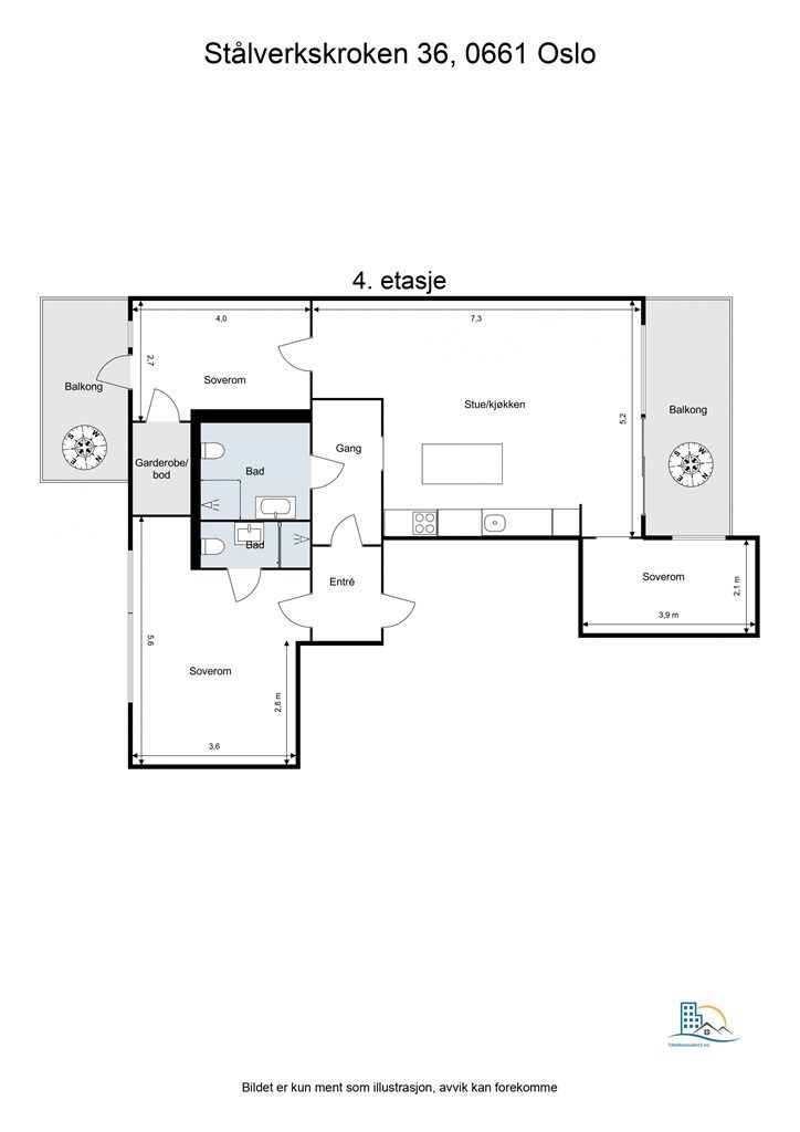 Leiligheten på 96 m² har en effektiv planløsning med tre soverom, to bad og en sosial sone med åpen stue og kjøkken.