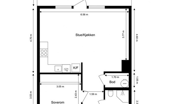 Leiligheten ligger på ett plan og har en praktisk rominndeling med stue, kjøkken, soverom, bad og bod.