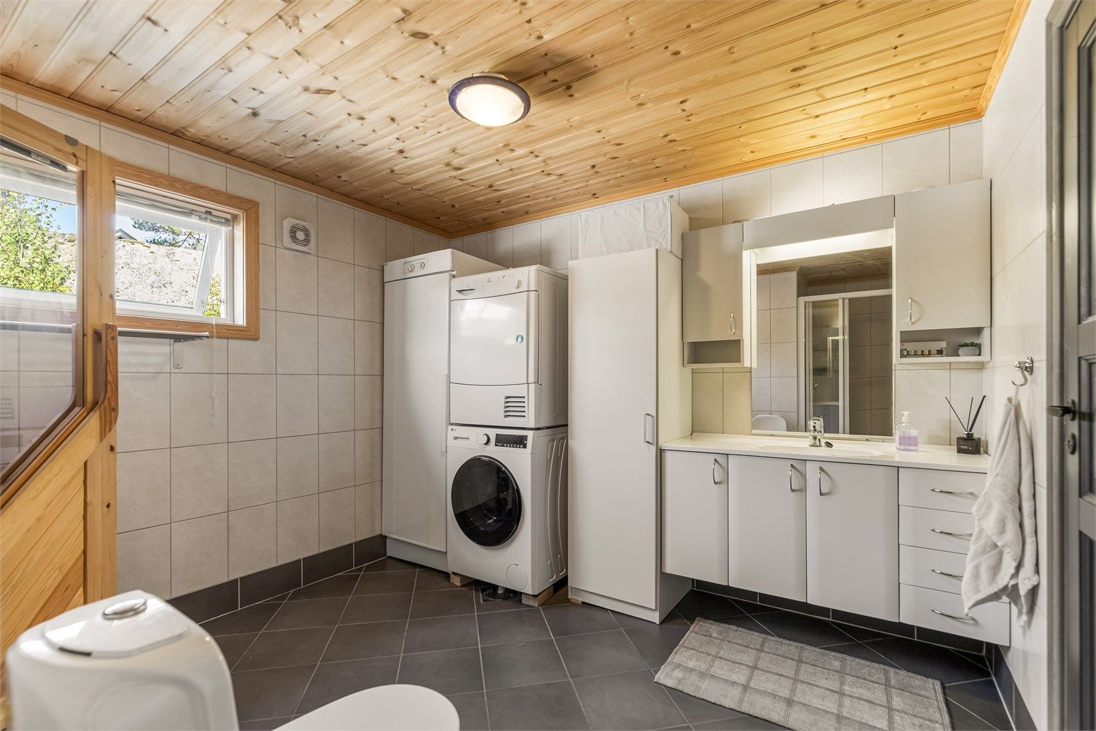 Rommet har dusjnisje med glassvegg og adkomst til badstuen.