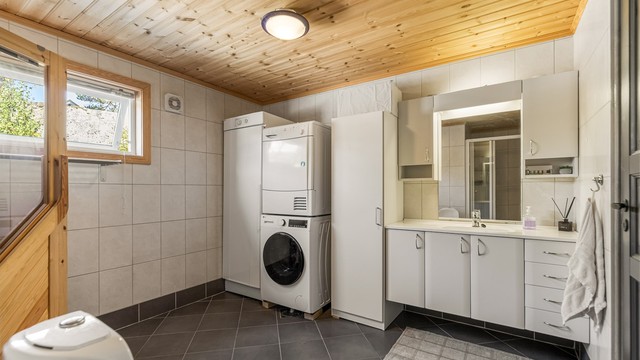 Rommet har dusjnisje med glassvegg og adkomst til badstuen.