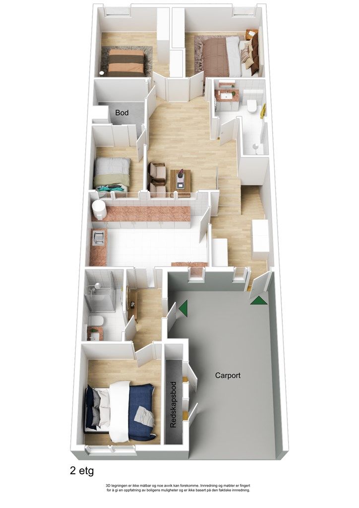 Plantegning halvetg og 2. etg - 3D