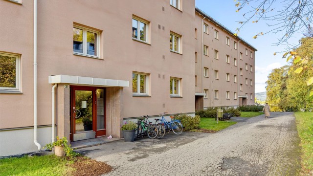 Inngangsparti til Kurveien 31 med asfaltert adkomst og sykkelparkering.