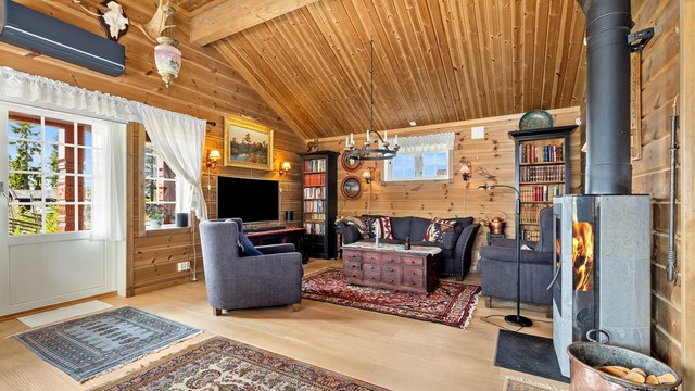 Flott stue med moderne peisovn.