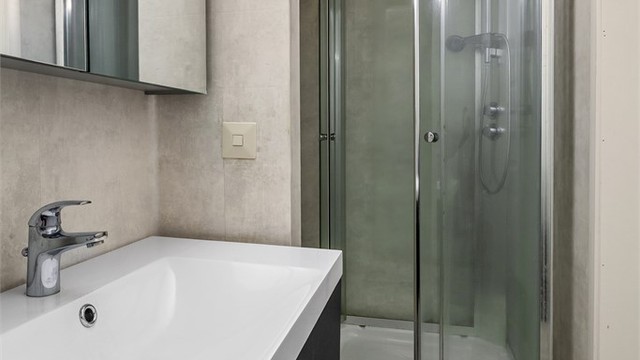 Badet er utstyrt med dusjkabinett.