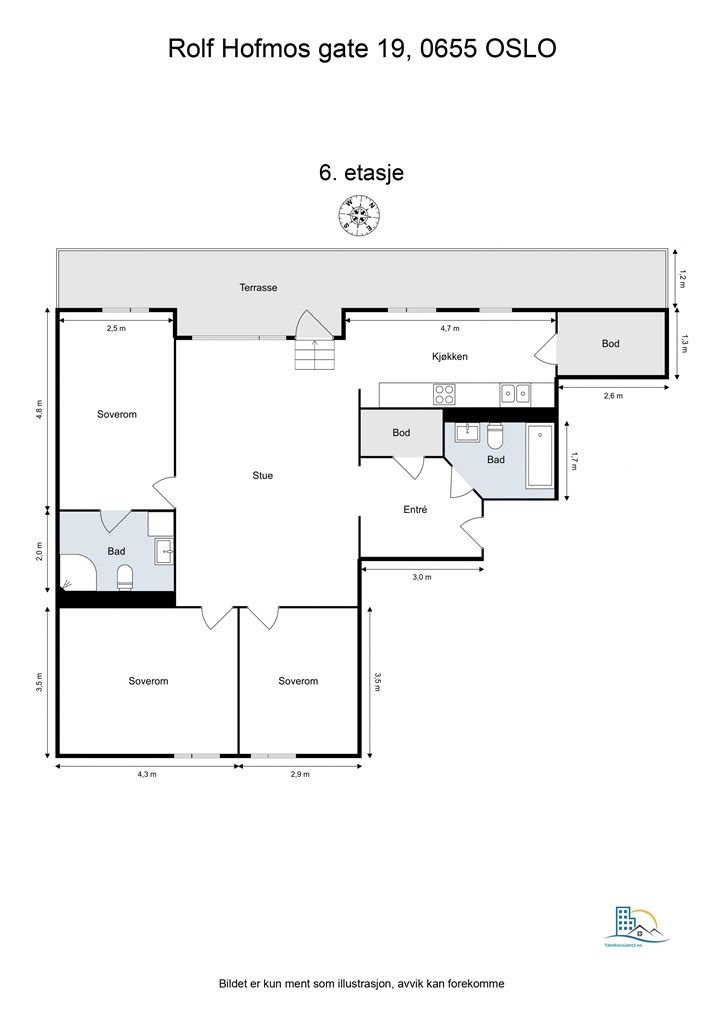Leiligheten har en arealeffektiv planløsning med tre soverom, to bad og to praktiske innvendige boder.