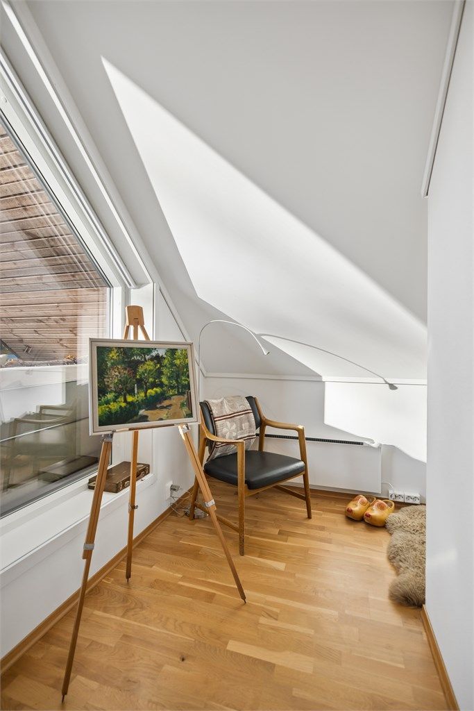 Hyggelig krok i 3. etasje med flott lysinnslipp fra de store glassflatene mot terrassen. Alternativt gir dette god plass til et hjemmkontor med romslig pult, eksterne skjermer, en god kontorstol naturlig lys og natur å hvile øynene på. 