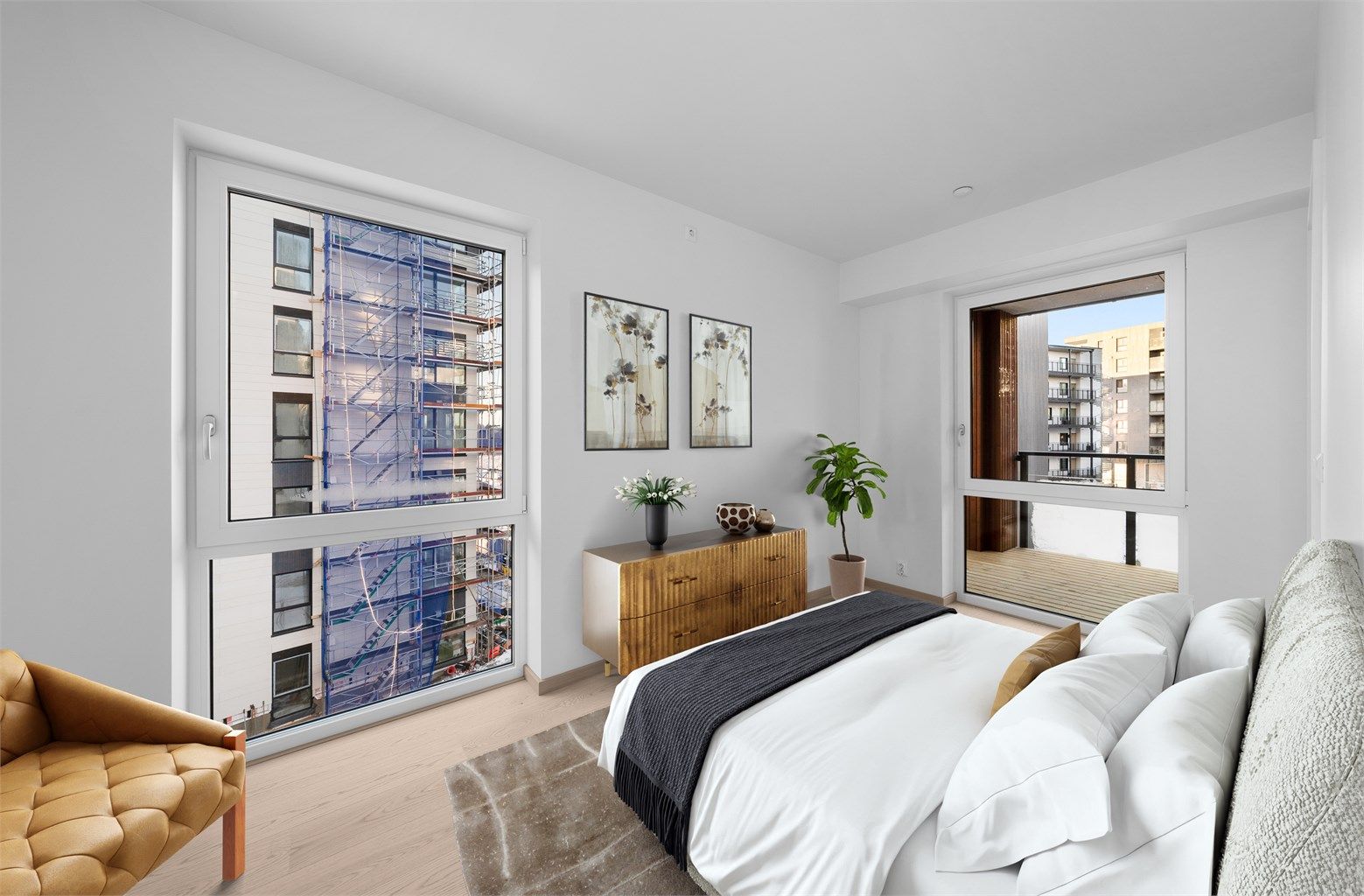 Nybygd leilighet (høsten 2024) med gode kvaliteter. Bildet er digitalt møblert. 