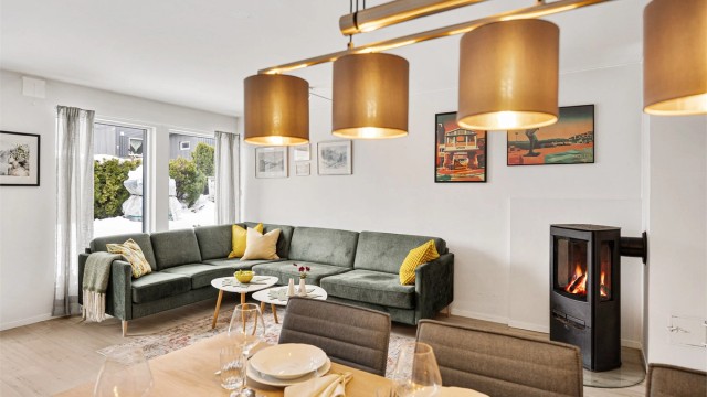 Elektriske utvendige screens på vinduer og terrassedør gir effektiv solskjerming.