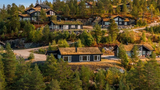 Fjellmannveien 31 ligger fint tilpasset terrenget i det etablerte hyttefeltet på Gautefall Panorama.
