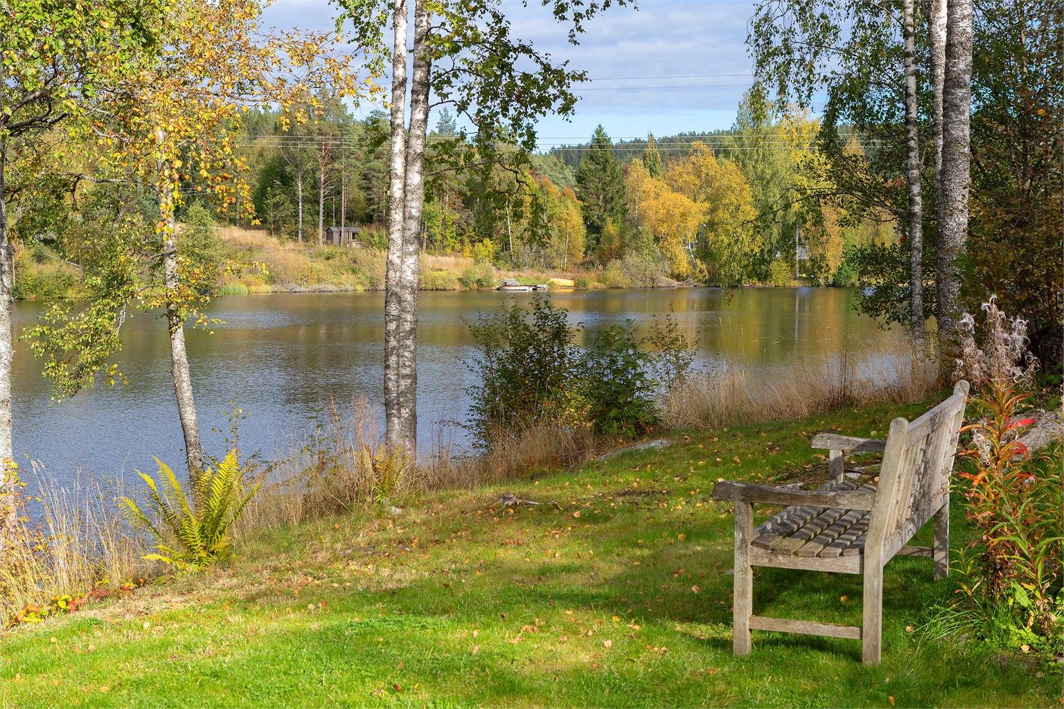 Fredfylt hvileplass på gressplenen like ved vannkanten.