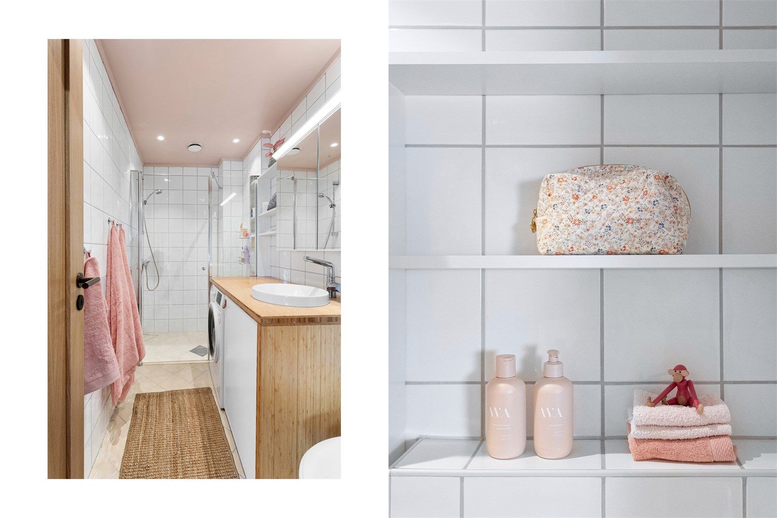 Innredningen inkluderer vegghengt klosett, servant nedfelt i innredning, speilskap med lys, og en romslig dusj med glassdør