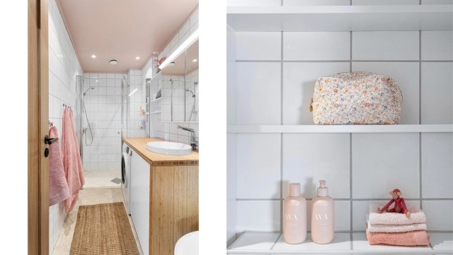 Innredningen inkluderer vegghengt klosett, servant nedfelt i innredning, speilskap med lys, og en romslig dusj med glassdør