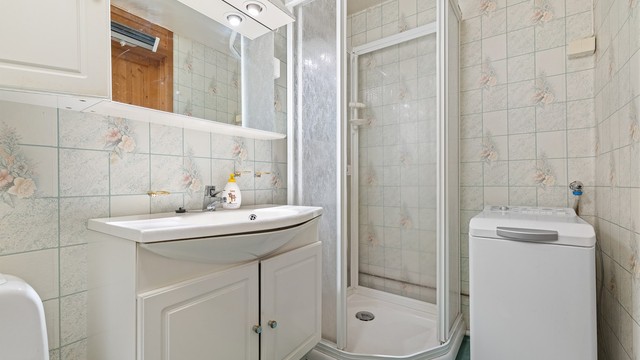 Badet er utstyrt med dusjkabinett og har opplegg for vaskemaskin.