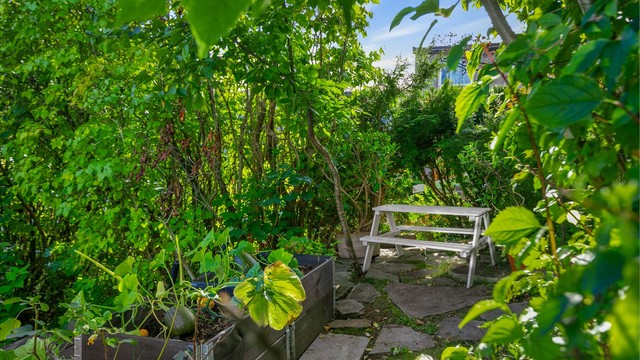 Frittliggende sitteplass og pallekarmer for dyrking i hageområdet.