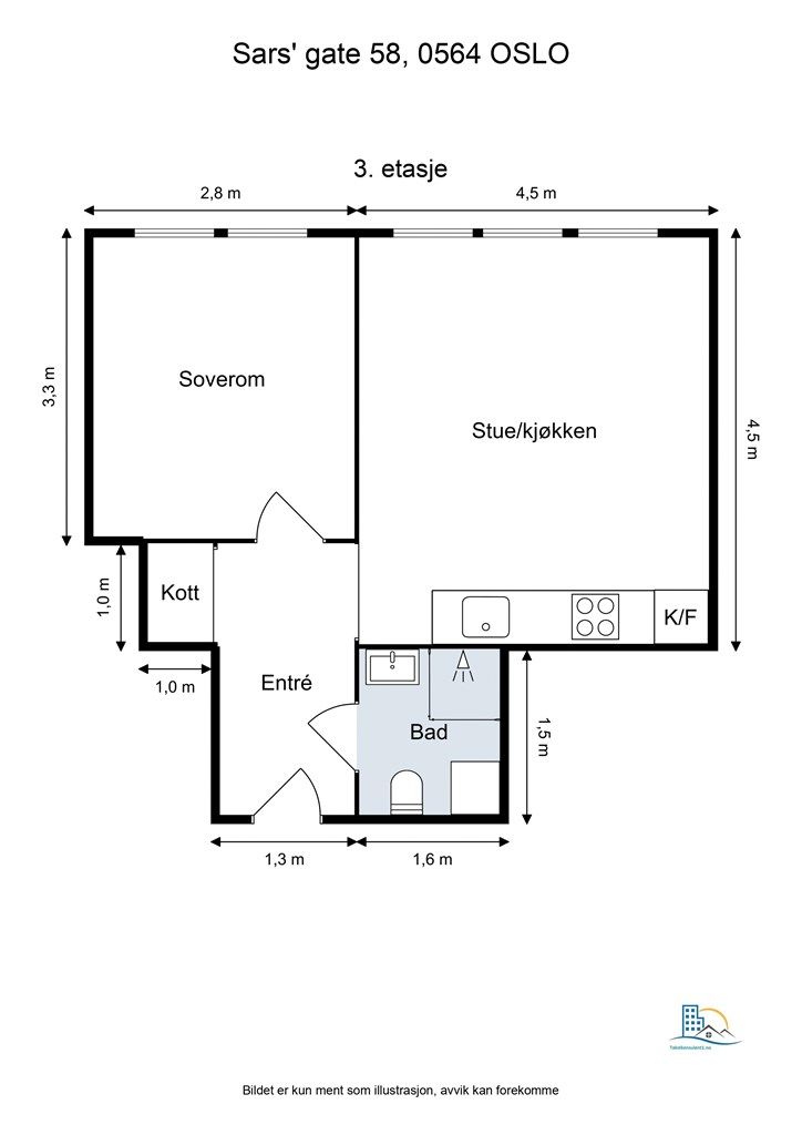 Leiligheten har en arealeffektiv planløsning på 36 m² som skiller soverommet fra den sosiale sonen med stue og kjøkken.