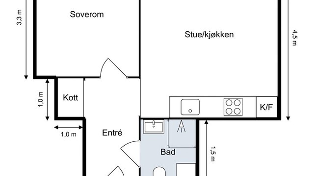 Leiligheten har en arealeffektiv planløsning på 36 m² som skiller soverommet fra den sosiale sonen med stue og kjøkken.