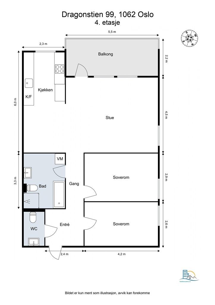 Boligen er beliggende i 4. etasje og består av 2 soverom, et romslig bad, et WC, en åpen stue/ kjøkkenløsning og en romslig balkong.