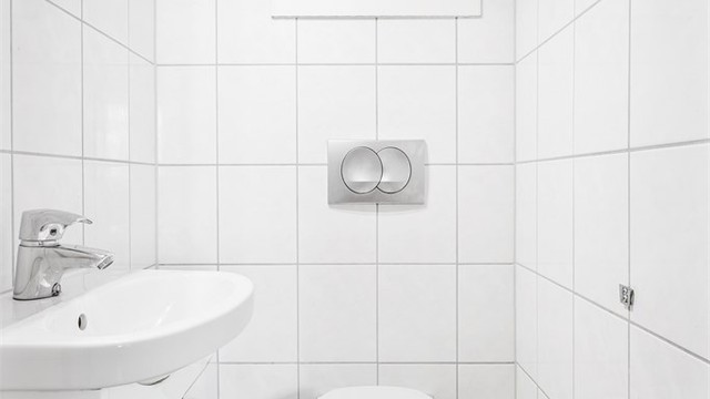 Praktisk toalettrom fra 2012 mellom badene.