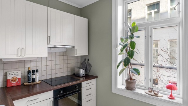 Trivelig kjøkken med vindu mot stille bakgård.