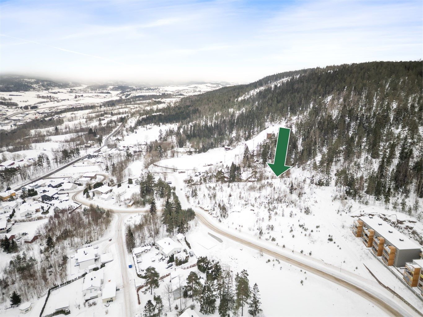 Eiendommene er hovedsakelig regulert til konsentrert småhusbebyggelse samt del felles lekeareal og felles avkjørsel (planområde B5).
Foto: Ole Thorgeir Solheim Thoresen