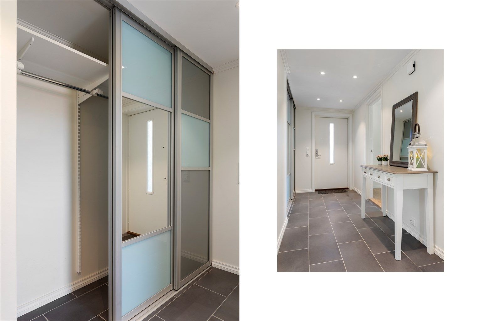 Romslig skyvedørsgarderobe i entréen gir rikelig med oppbevaringsplass.