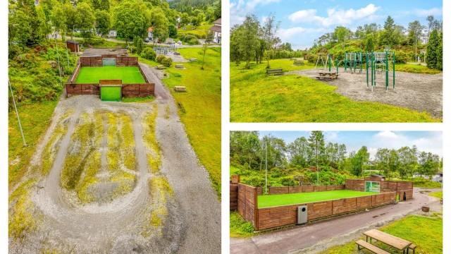 Austebygda fritidspark med ballbinge, klatrestativ, frisbeegolfbane m.m. ligger kun en kort spasertur unna boligen.