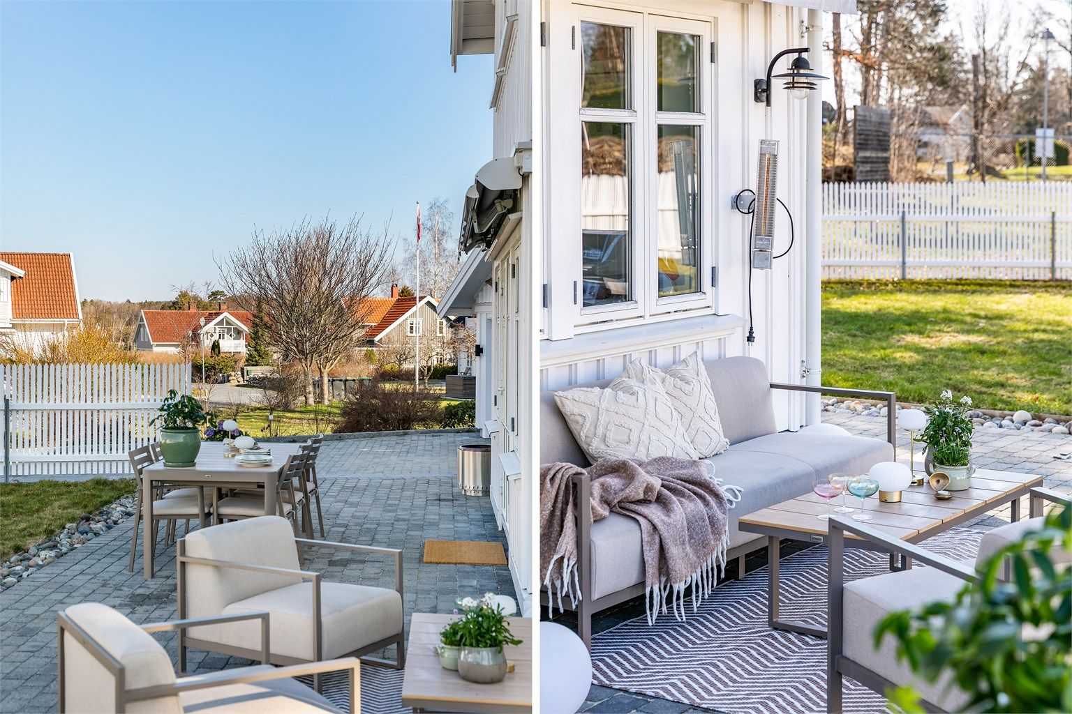 Varmelamper høyner komfortgraden på sommerkveldene. Med elektrisk motoriserte markiser oppnås også solskjerming enkelt.