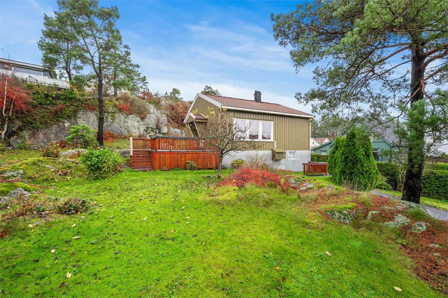 Tomten er opparbeidet med plen, frukttrær og beplantninger