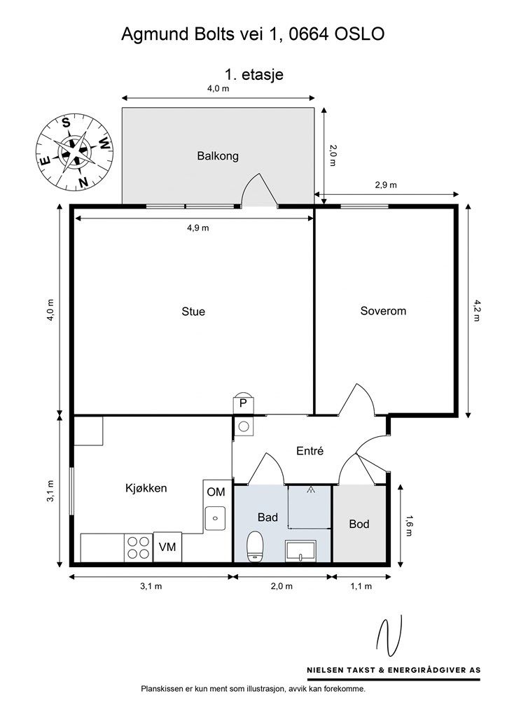 Leiligheten har en gjennomtenkt planløsning på 54 m² som inkluderer separat kjøkken, stue, soverom, bad og en praktisk intern bod.