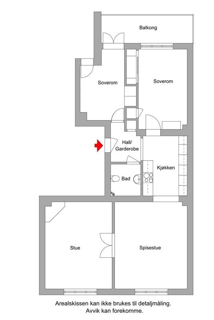 Alternativ planskisse for å etablere to soverom mot bakgård ved å flytte kjøkken ut i forstuen. 