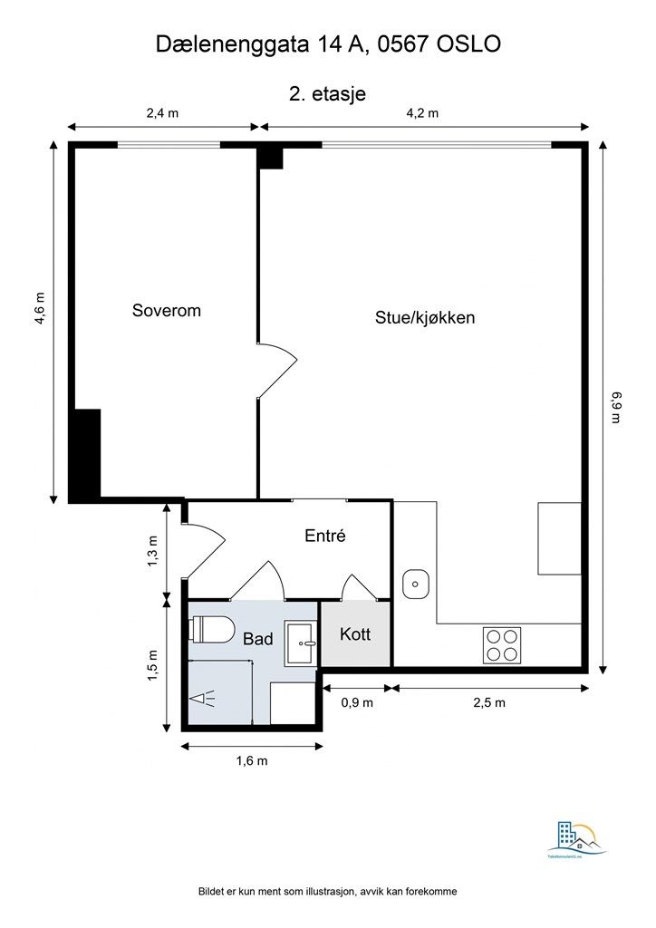 Effektiv planløsning med adskilt soverom og rikelig med lagringsplass i to eksterne boder.