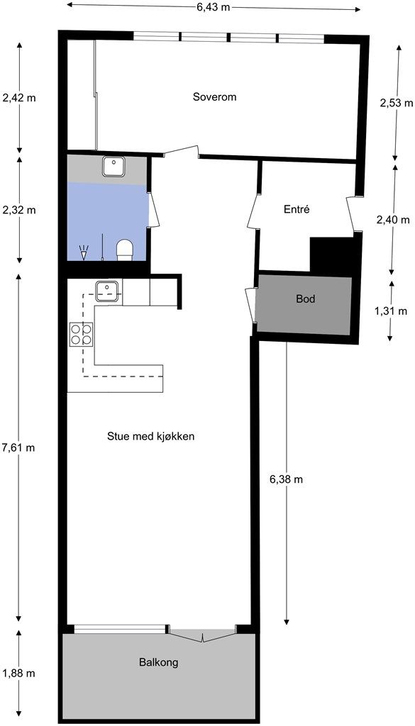 Romslig leilighet med gode lysforhold og store muligheter.