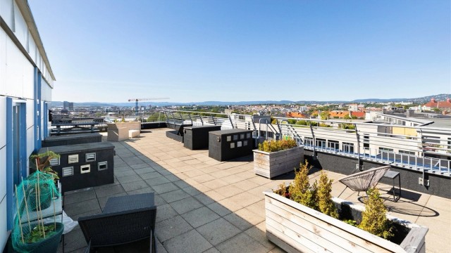 Solrik, felles takterrasse med heisadkomst for beboerne. Bilde er lånt fra forrige annonse og ble tatt på sommeren.