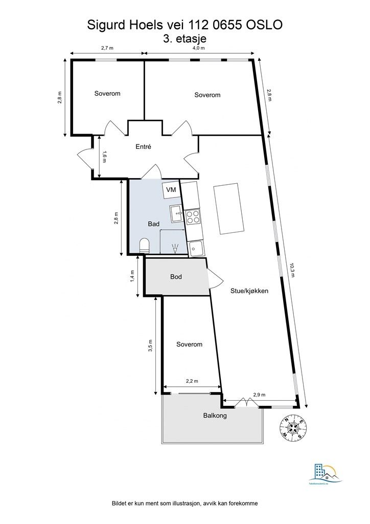  Boligen inneholder entré, stue, kjøkken, bad og 3 romslige soverom.